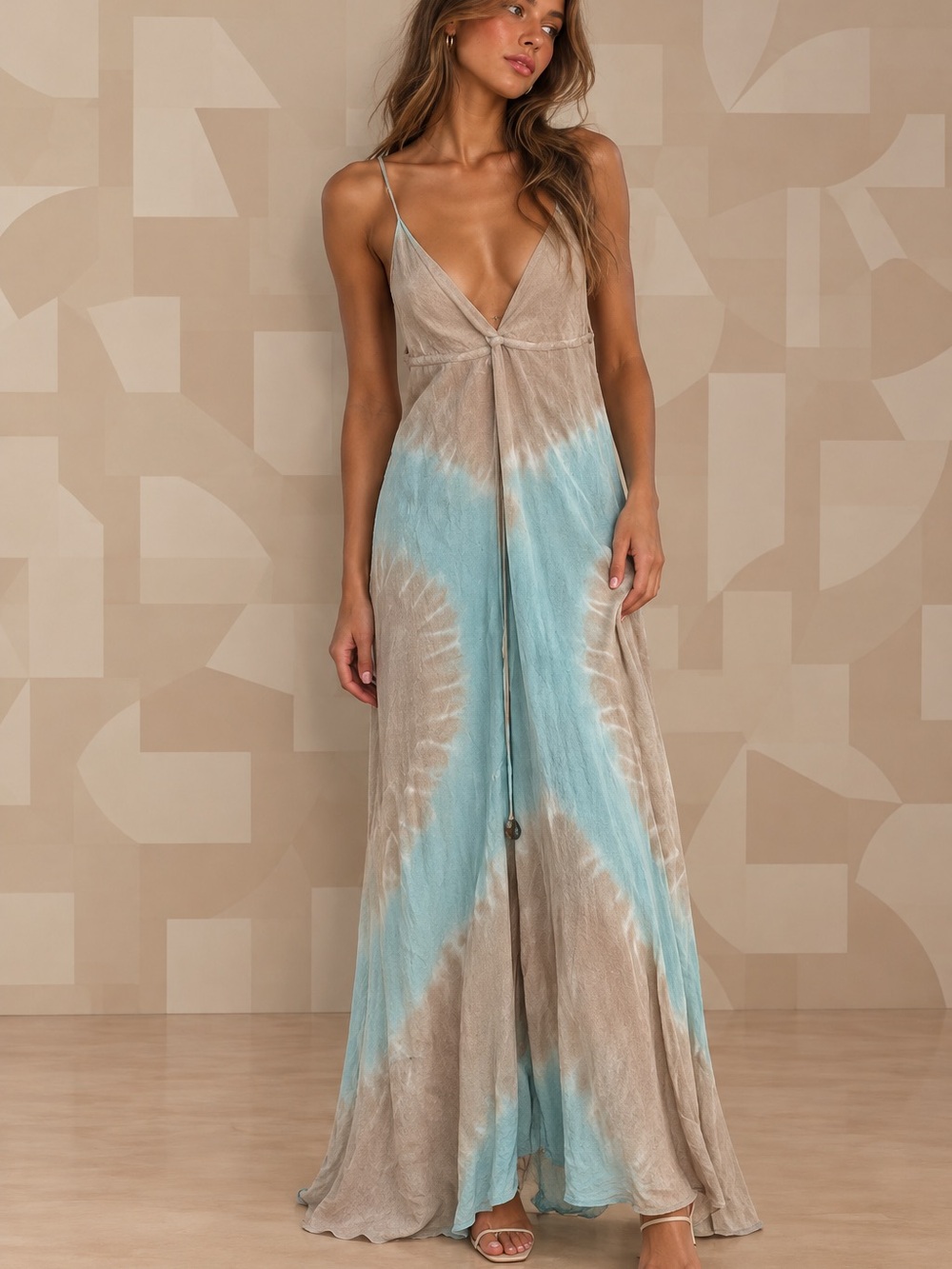 ✨MAKE OFFER✨ Gypsy 05 Blue Tie-Dye Maxi 100% Silk Dress Spaghetti Strap LG